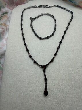 Vintage Carolee Black and Red Crystal Y-Drop Necklace with Matching Bracelet